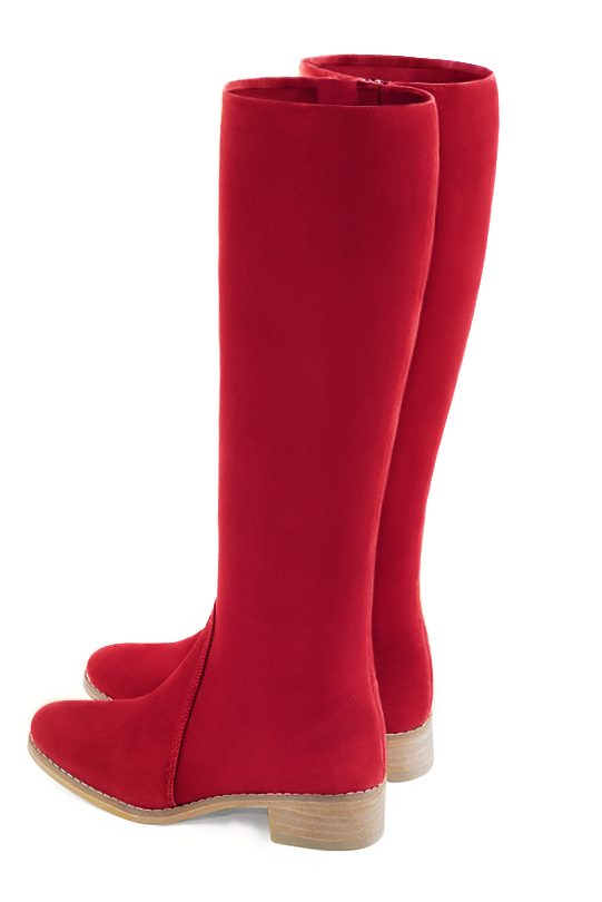 Cardinal red women's riding knee-high boots. Round toe. Low leather soles. Made to measure. Rear view - Florence KOOIJMAN